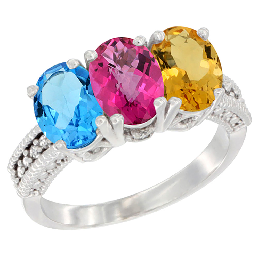 10K White Gold Natural Swiss Blue Topaz, Pink Topaz & Citrine Ring 3-Stone Oval 7x5 mm Diamond Accent, sizes 5 - 10