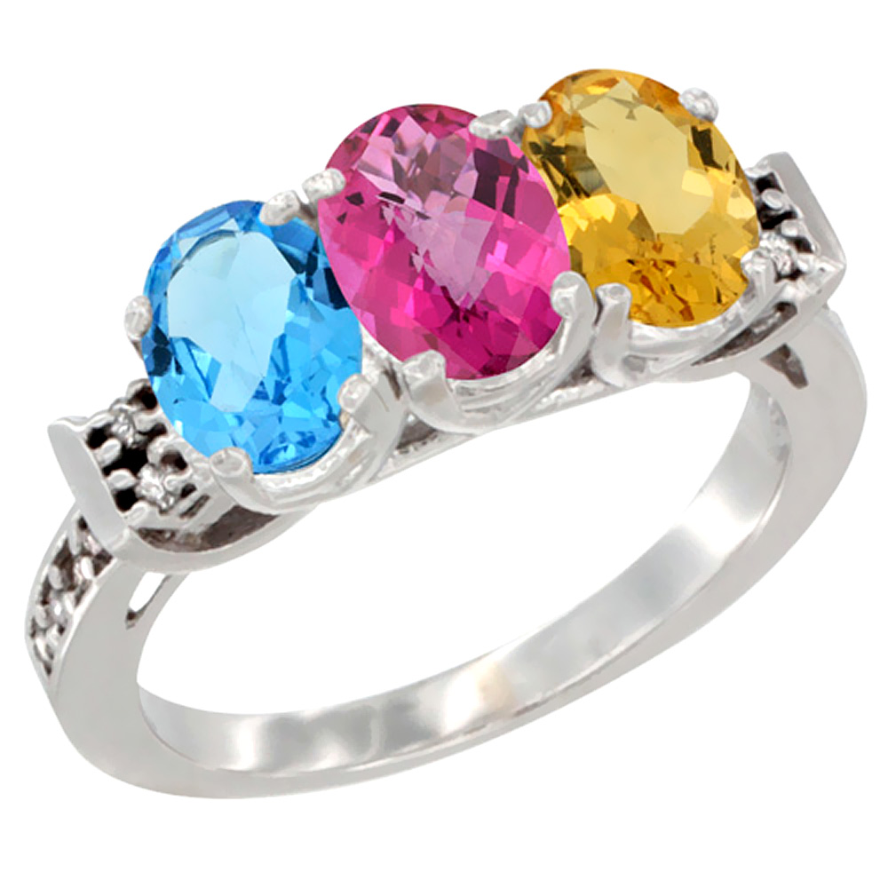 14K White Gold Natural Swiss Blue Topaz, Pink Topaz &amp; Citrine Ring 3-Stone 7x5 mm Oval Diamond Accent, sizes 5 - 10