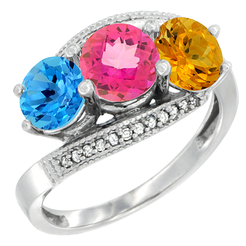 14K White Gold Natural Swiss Blue Topaz, Pink Topaz &amp; Citrine 3 stone Ring Round 6mm Diamond Accent, sizes 5 - 10