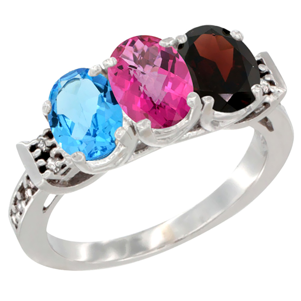 14K White Gold Natural Swiss Blue Topaz, Pink Topaz & Garnet Ring 3-Stone 7x5 mm Oval Diamond Accent, sizes 5 - 10