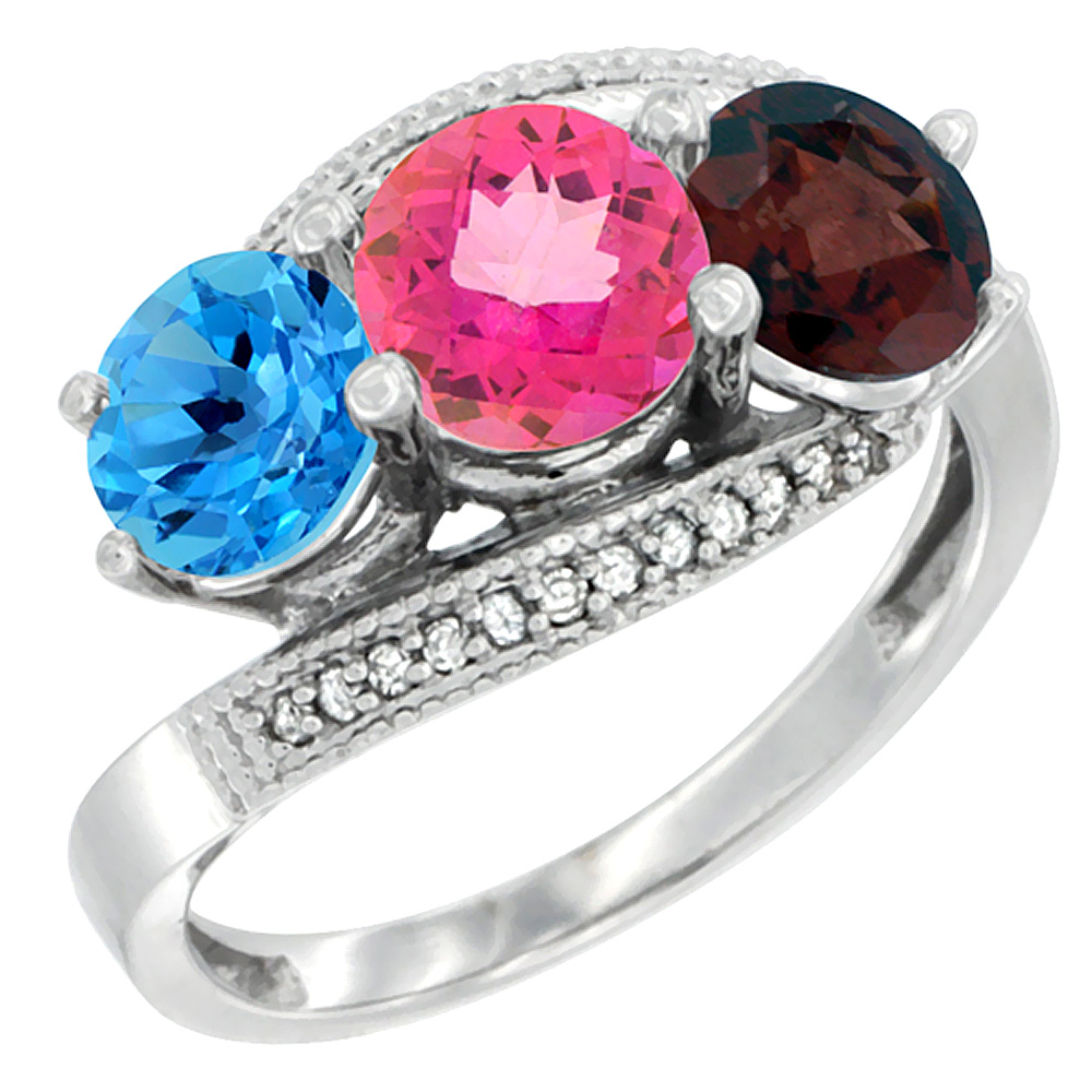 14K White Gold Natural Swiss Blue Topaz, Pink Topaz & Garnet 3 stone Ring Round 6mm Diamond Accent, sizes 5 - 10