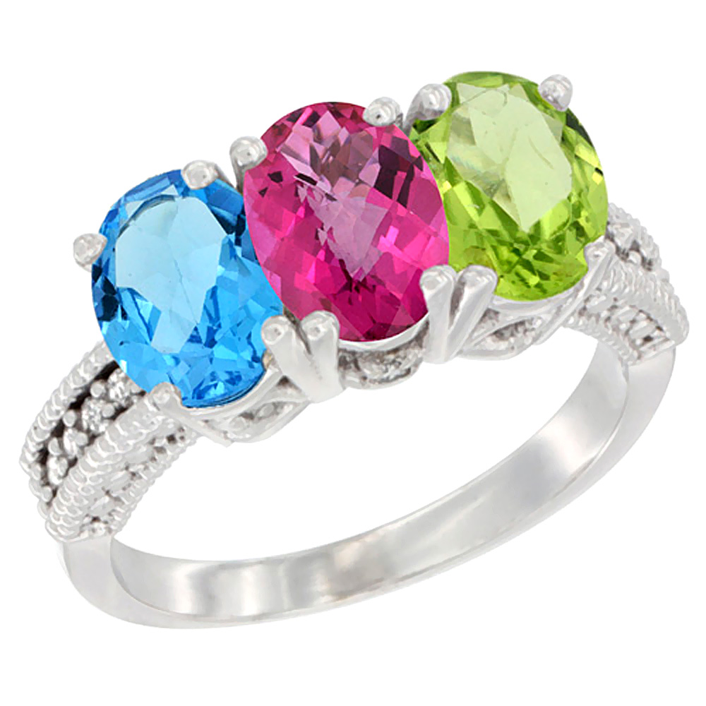 14K White Gold Natural Swiss Blue Topaz, Pink Topaz & Peridot Ring 3-Stone 7x5 mm Oval Diamond Accent, sizes 5 - 10