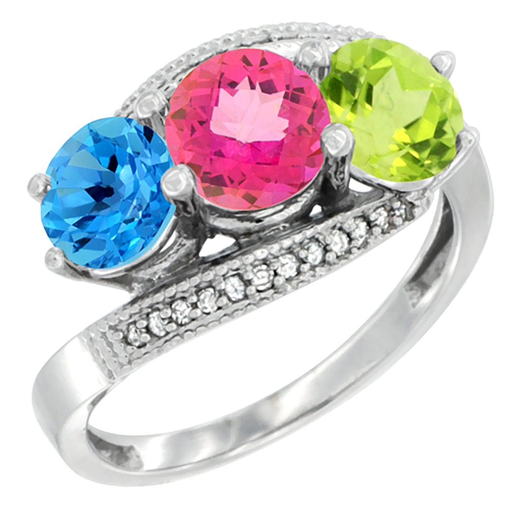 14K White Gold Natural Swiss Blue Topaz, Pink Topaz & Peridot 3 stone Ring Round 6mm Diamond Accent, sizes 5 - 10