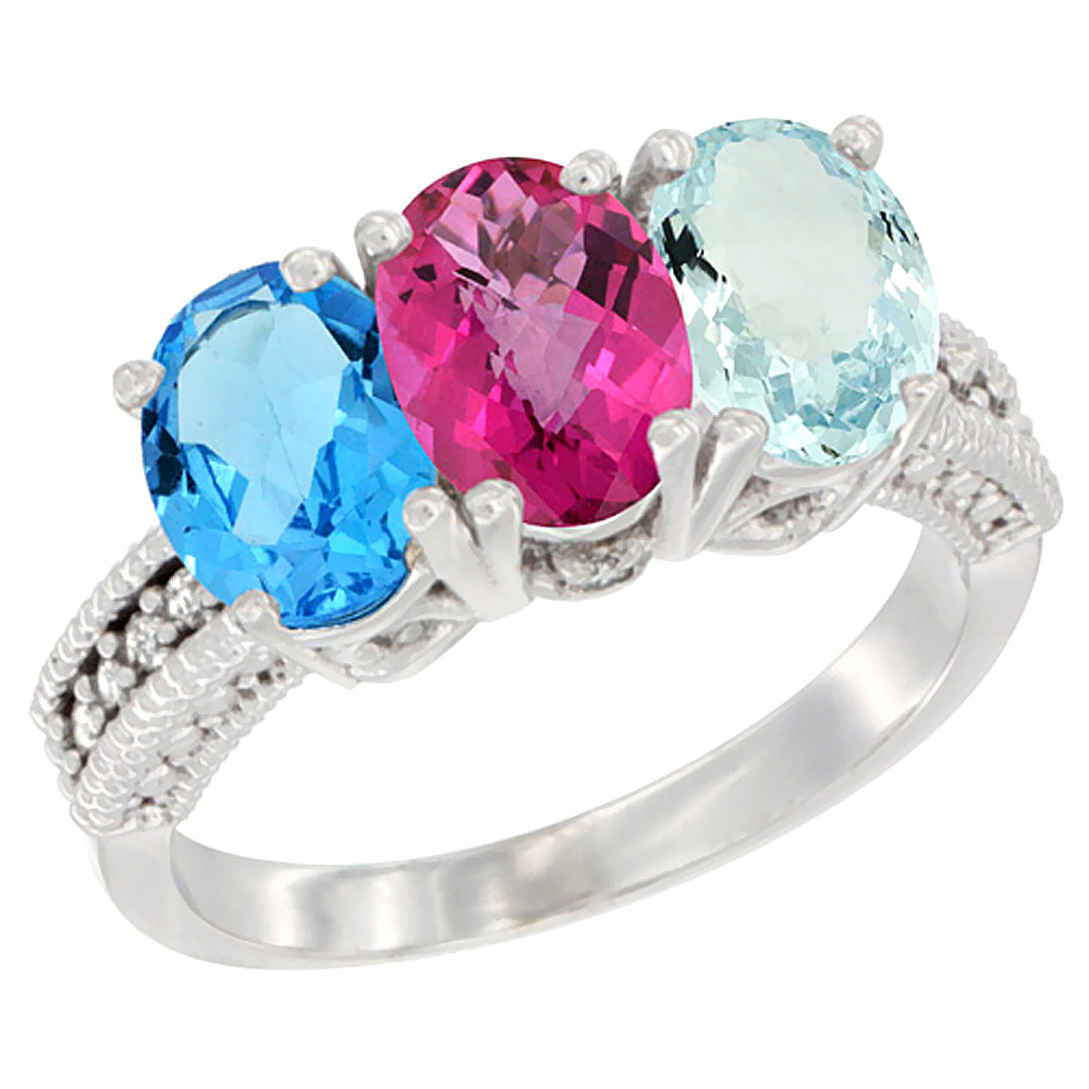 14K White Gold Natural Swiss Blue Topaz, Pink Topaz & Aquamarine Ring 3-Stone 7x5 mm Oval Diamond Accent, sizes 5 - 10