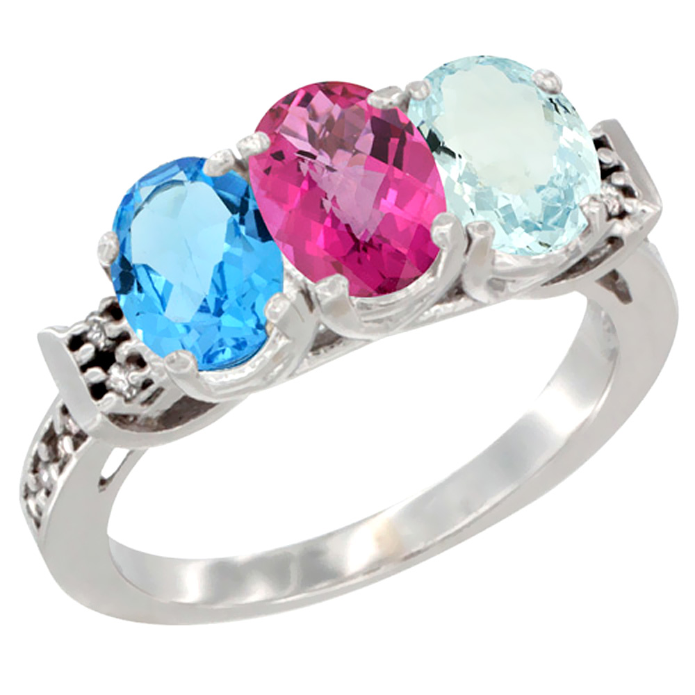 10K White Gold Natural Swiss Blue Topaz, Pink Topaz & Aquamarine Ring 3-Stone Oval 7x5 mm Diamond Accent, sizes 5 - 10