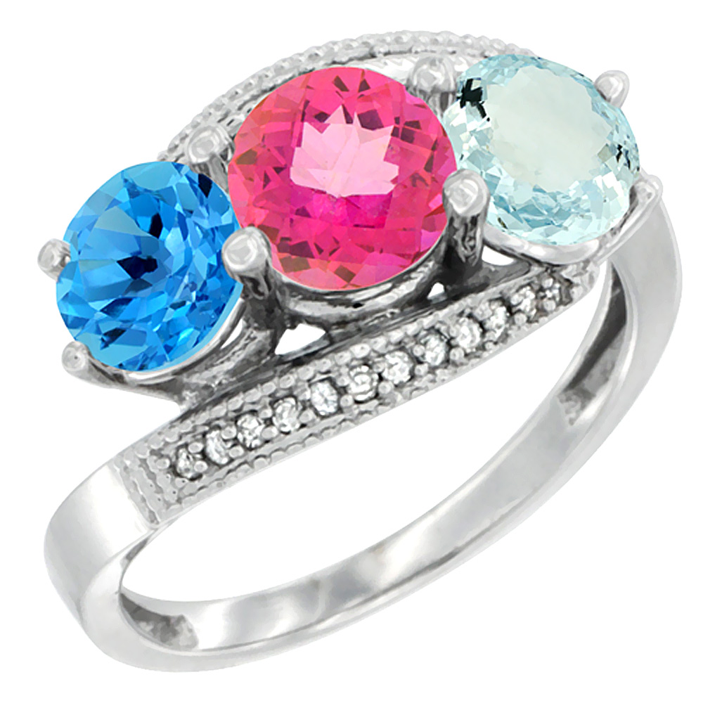 10K White Gold Natural Swiss Blue Topaz, Pink Topaz & Aquamarine 3 stone Ring Round 6mm Diamond Accent, sizes 5 - 10