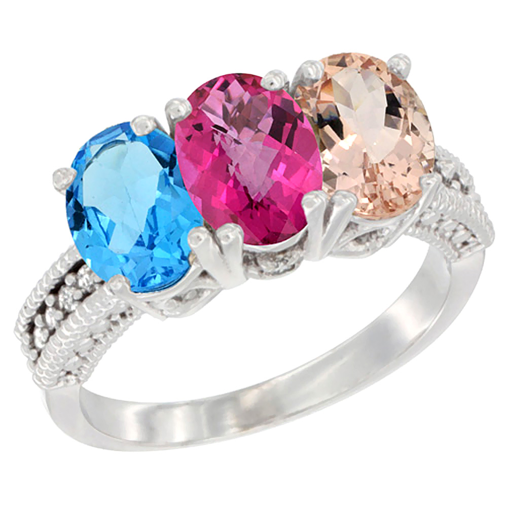 14K White Gold Natural Swiss Blue Topaz, Pink Topaz & Morganite Ring 3-Stone 7x5 mm Oval Diamond Accent, sizes 5 - 10