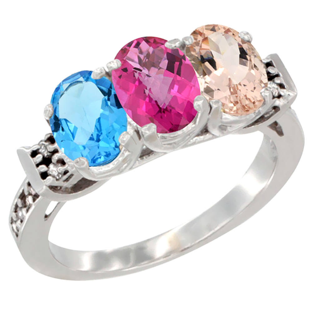 10K White Gold Natural Swiss Blue Topaz, Pink Topaz &amp; Morganite Ring 3-Stone Oval 7x5 mm Diamond Accent, sizes 5 - 10