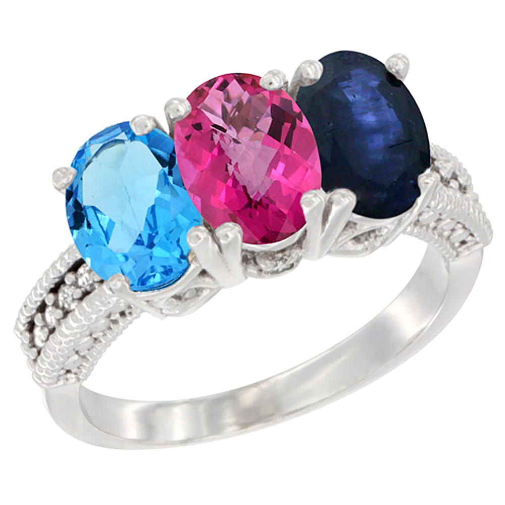 14K White Gold Natural Swiss Blue Topaz, Pink Topaz & Blue Sapphire Ring 3-Stone 7x5 mm Oval Diamond Accent, sizes 5 - 10