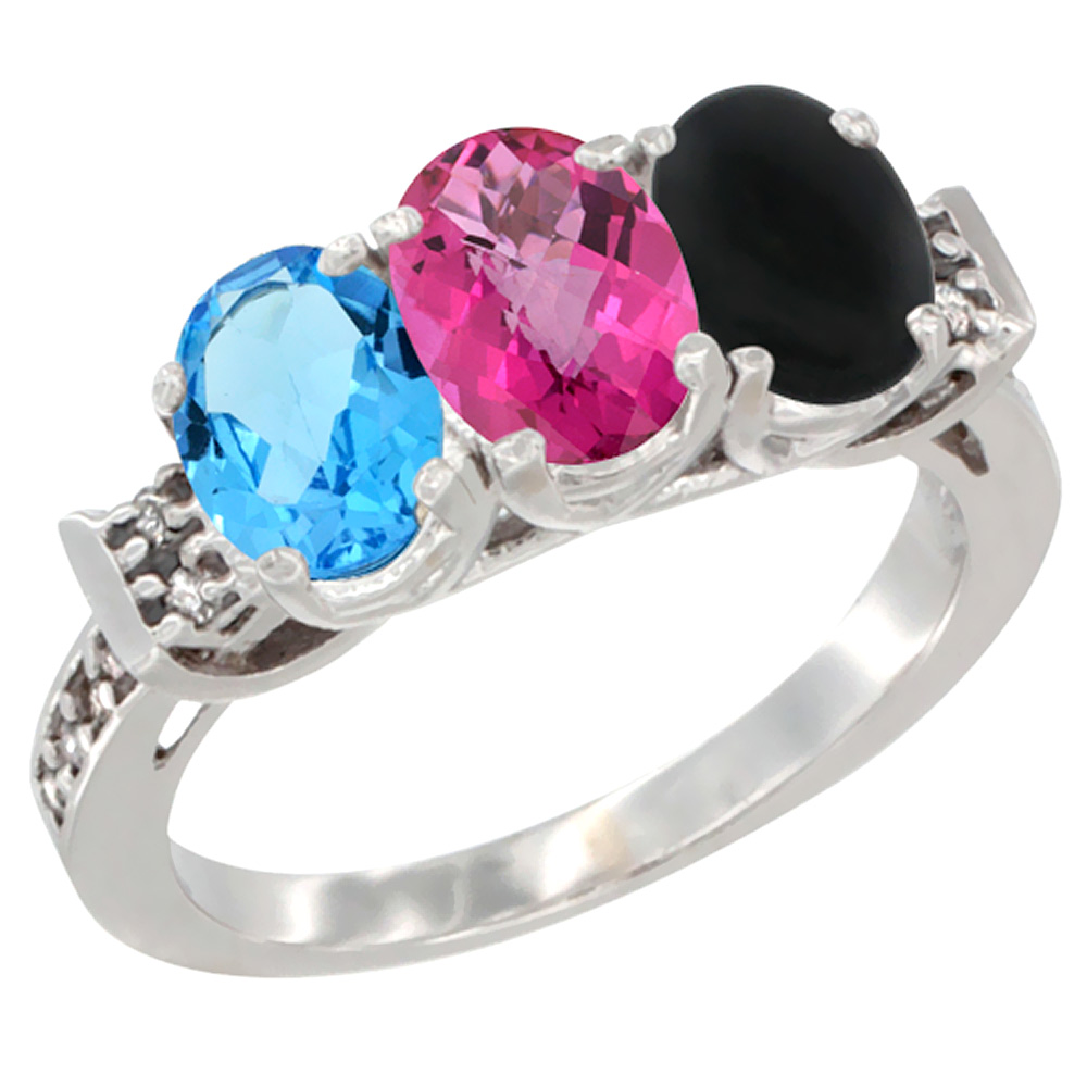 10K White Gold Natural Swiss Blue Topaz, Pink Topaz & Black Onyx Ring 3-Stone Oval 7x5 mm Diamond Accent, sizes 5 - 10