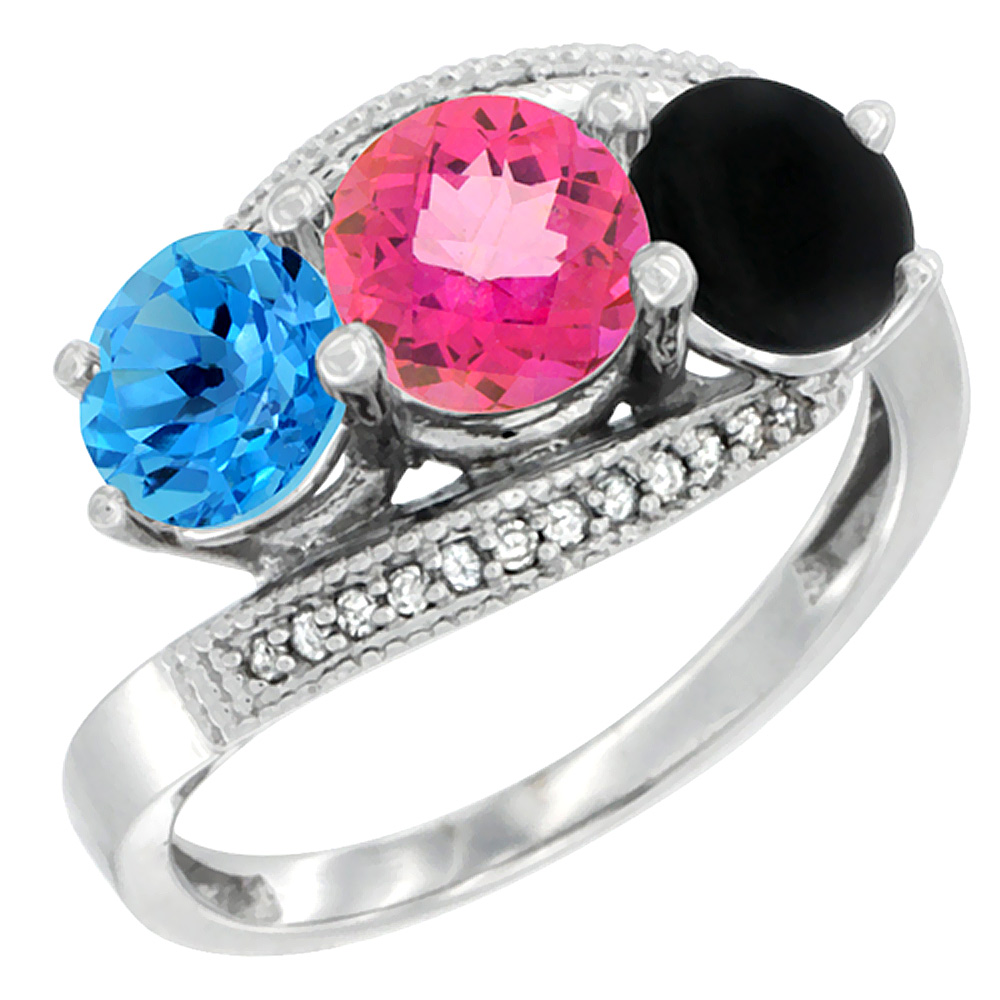 10K White Gold Natural Swiss Blue Topaz, Pink Topaz &amp; Black Onyx 3 stone Ring Round 6mm Diamond Accent, sizes 5 - 10