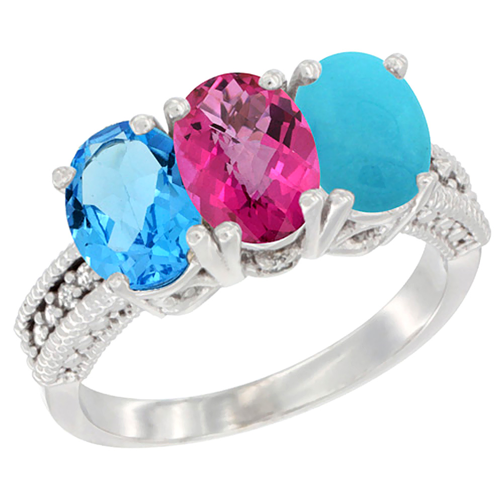 10K White Gold Natural Swiss Blue Topaz, Pink Topaz &amp; Turquoise Ring 3-Stone Oval 7x5 mm Diamond Accent, sizes 5 - 10