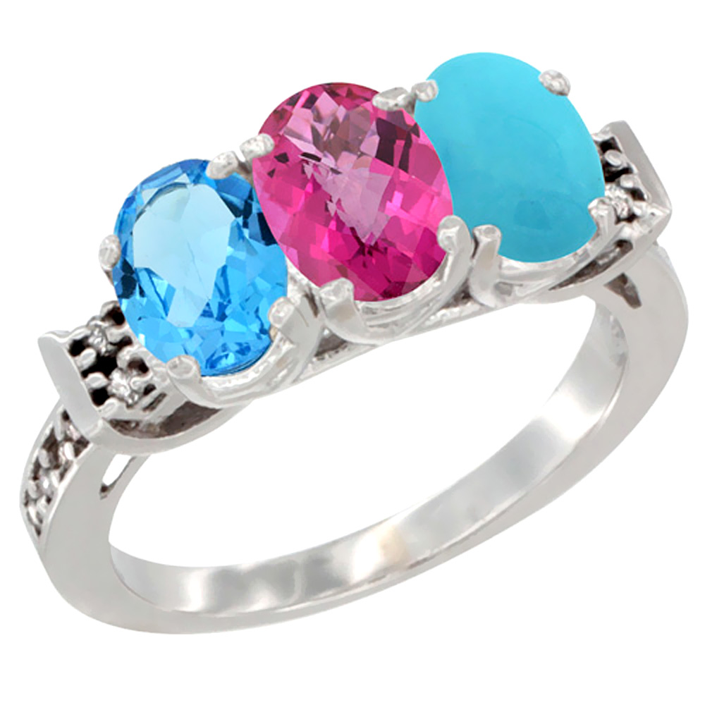 10K White Gold Natural Swiss Blue Topaz, Pink Topaz & Turquoise Ring 3-Stone Oval 7x5 mm Diamond Accent, sizes 5 - 10