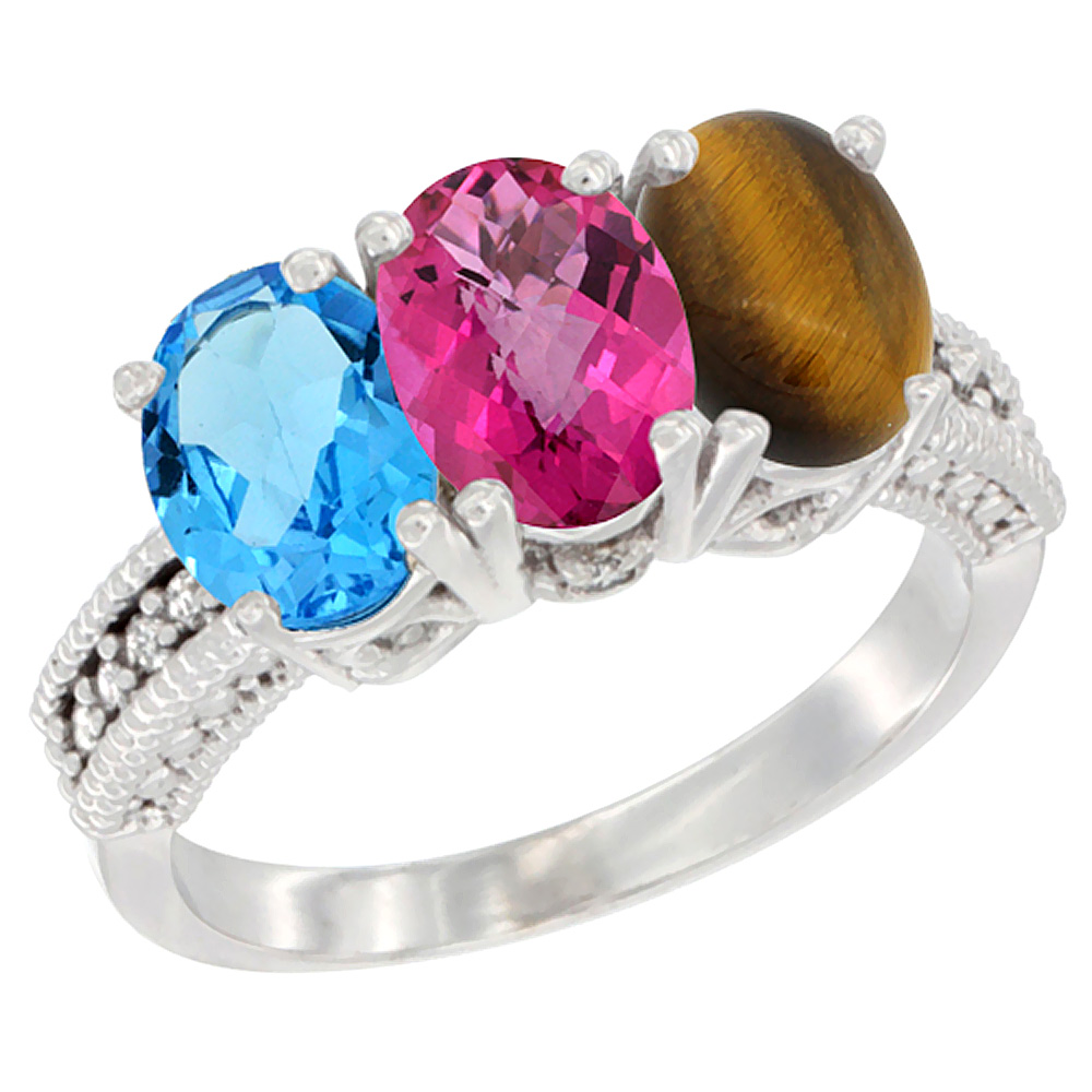 14K White Gold Natural Swiss Blue Topaz, Pink Topaz & Tiger Eye Ring 3-Stone 7x5 mm Oval Diamond Accent, sizes 5 - 10