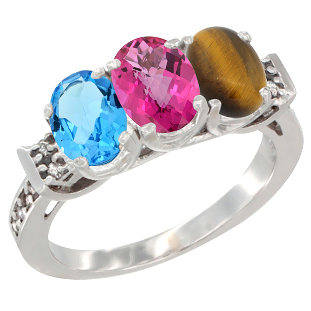 10K White Gold Natural Swiss Blue Topaz, Pink Topaz & Tiger Eye Ring 3-Stone Oval 7x5 mm Diamond Accent, sizes 5 - 10