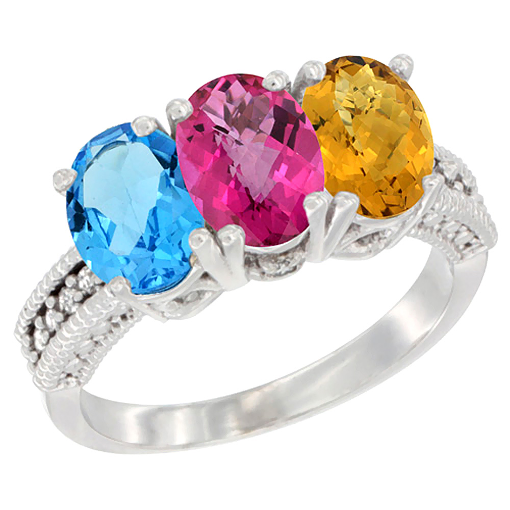 14K White Gold Natural Swiss Blue Topaz, Pink Topaz &amp; Whisky Quartz Ring 3-Stone 7x5 mm Oval Diamond Accent, sizes 5 - 10