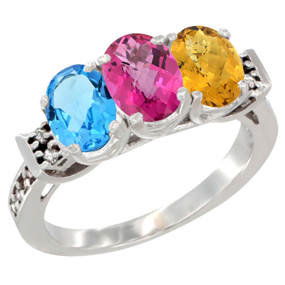 14K White Gold Natural Swiss Blue Topaz, Pink Topaz &amp; Whisky Quartz Ring 3-Stone 7x5 mm Oval Diamond Accent, sizes 5 - 10