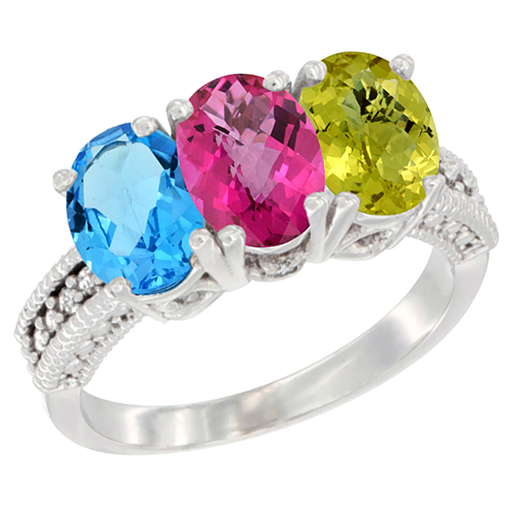 10K White Gold Natural Swiss Blue Topaz, Pink Topaz &amp; Lemon Quartz Ring 3-Stone Oval 7x5 mm Diamond Accent, sizes 5 - 10