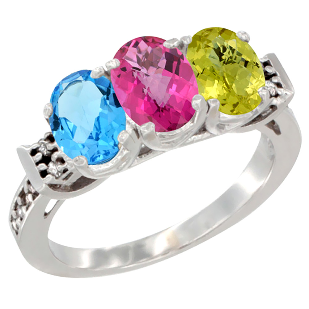 14K White Gold Natural Swiss Blue Topaz, Pink Topaz & Lemon Quartz Ring 3-Stone 7x5 mm Oval Diamond Accent, sizes 5 - 10