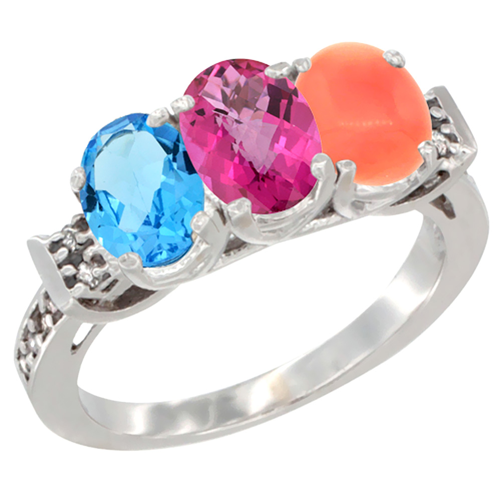 10K White Gold Natural Swiss Blue Topaz, Pink Topaz &amp; Coral Ring 3-Stone Oval 7x5 mm Diamond Accent, sizes 5 - 10