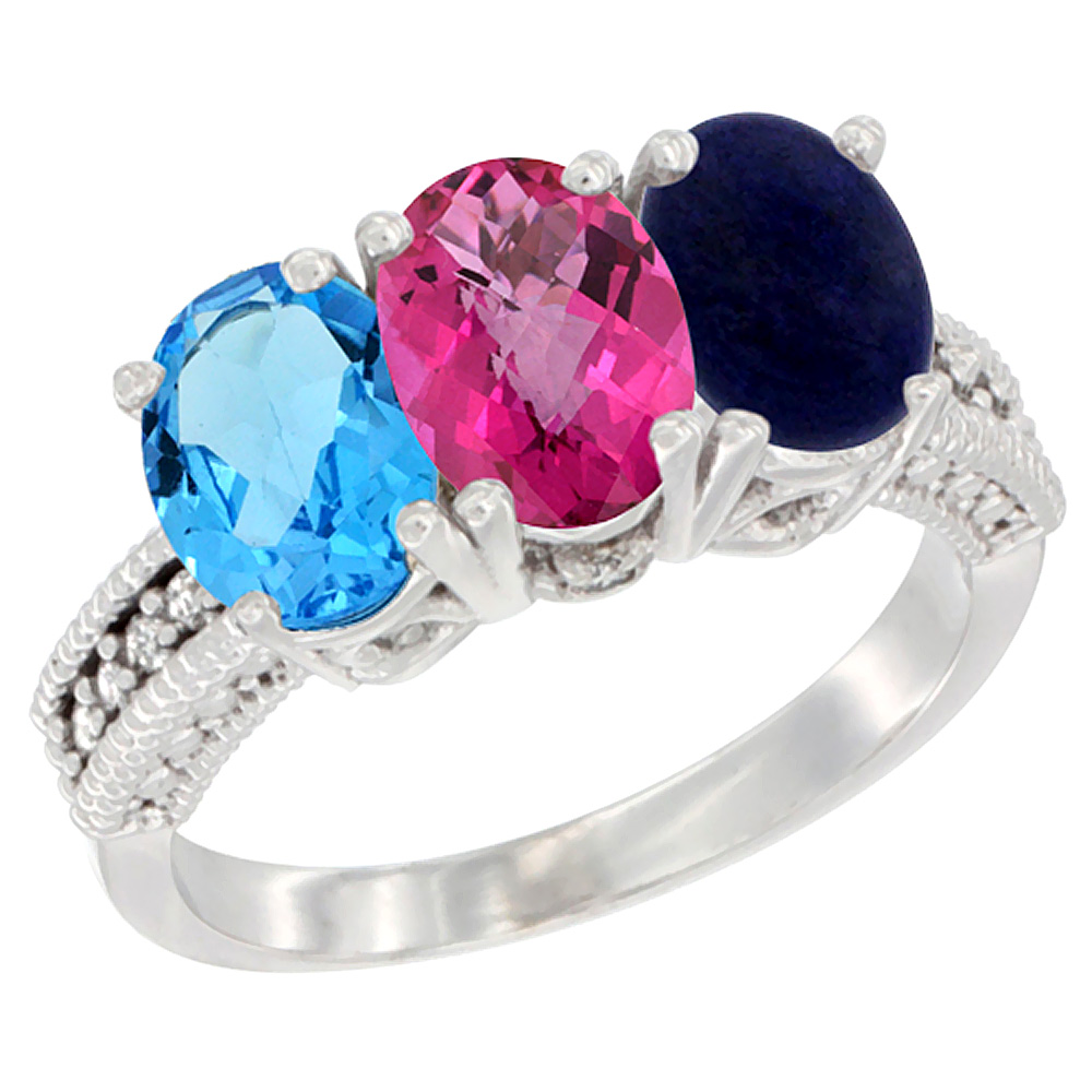 10K White Gold Natural Swiss Blue Topaz, Pink Topaz & Lapis Ring 3-Stone Oval 7x5 mm Diamond Accent, sizes 5 - 10