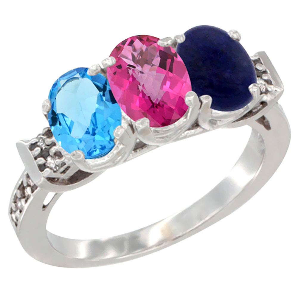 14K White Gold Natural Swiss Blue Topaz, Pink Topaz & Lapis Ring 3-Stone 7x5 mm Oval Diamond Accent, sizes 5 - 10