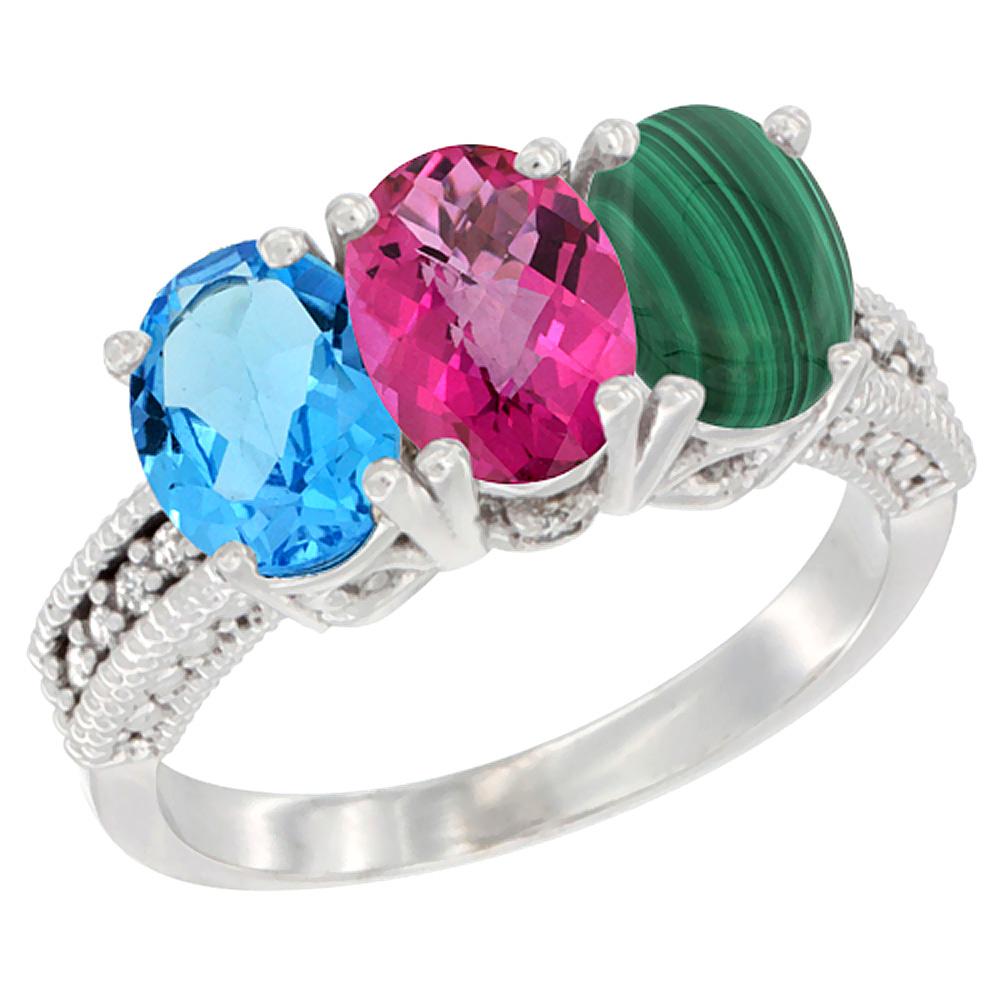 10K White Gold Natural Swiss Blue Topaz, Pink Topaz & Malachite Ring 3-Stone Oval 7x5 mm Diamond Accent, sizes 5 - 10