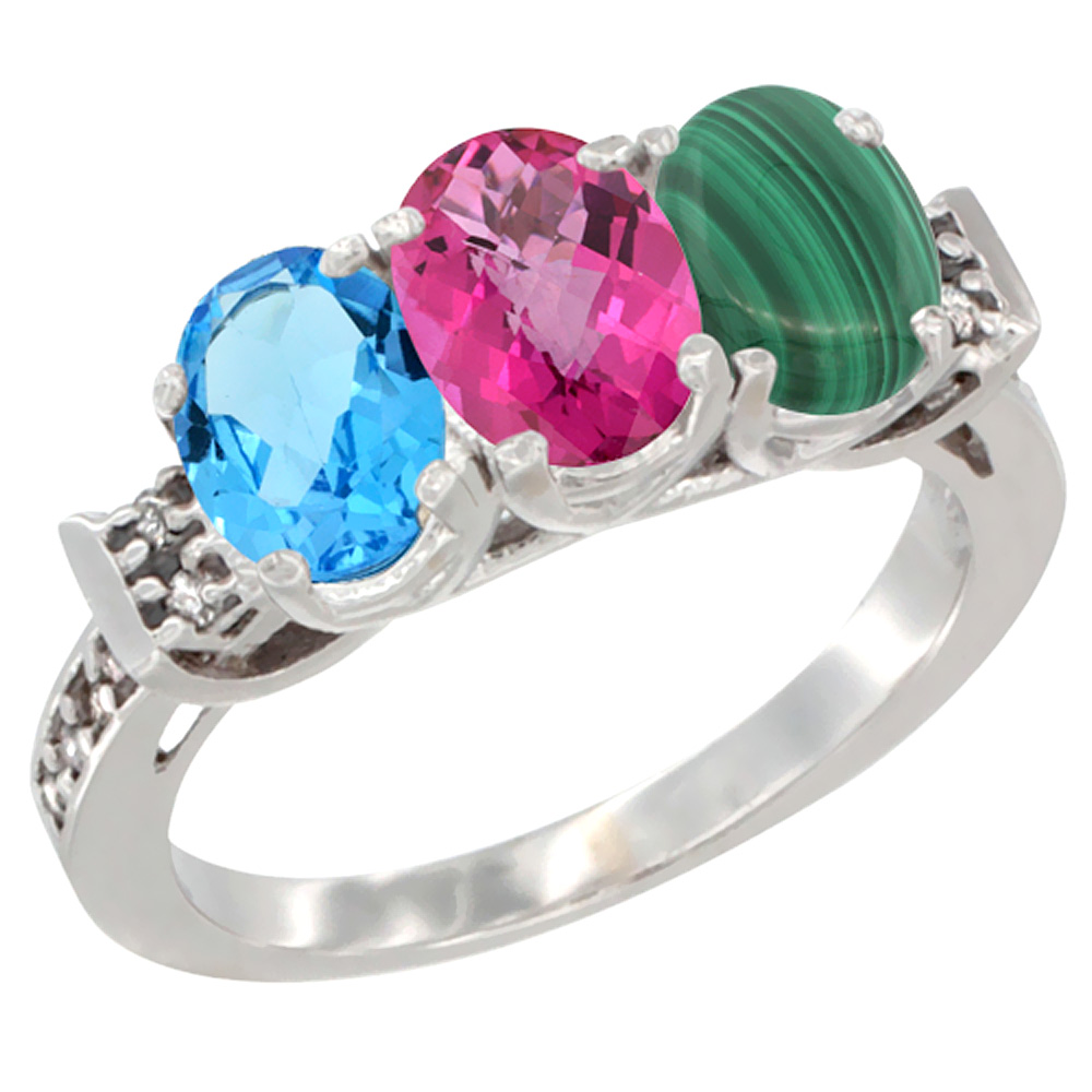 10K White Gold Natural Swiss Blue Topaz, Pink Topaz & Malachite Ring 3-Stone Oval 7x5 mm Diamond Accent, sizes 5 - 10