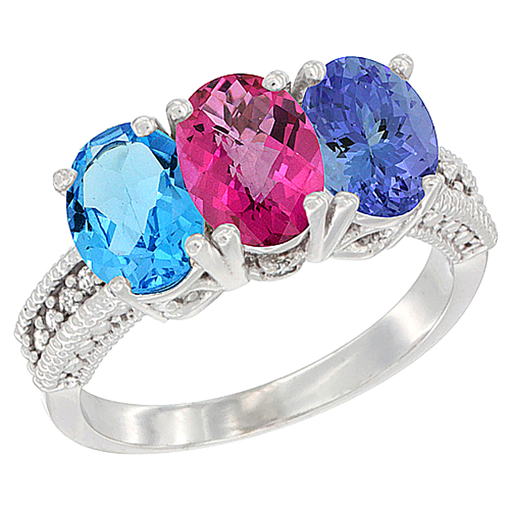 10K White Gold Natural Swiss Blue Topaz, Pink Topaz &amp; Tanzanite Ring 3-Stone Oval 7x5 mm Diamond Accent, sizes 5 - 10