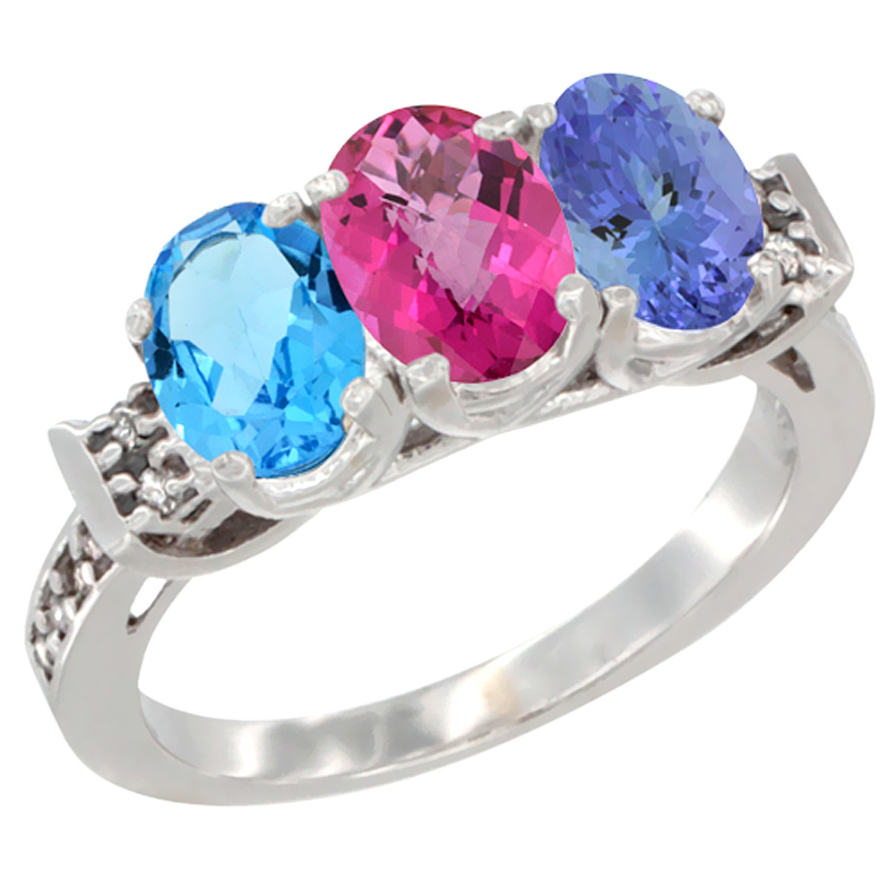 14K White Gold Natural Swiss Blue Topaz, Pink Topaz &amp; Tanzanite Ring 3-Stone 7x5 mm Oval Diamond Accent, sizes 5 - 10