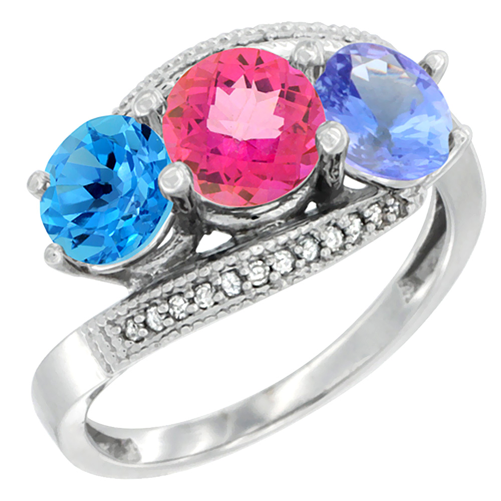 10K White Gold Natural Swiss Blue Topaz, Pink Topaz & Tanzanite 3 stone Ring Round 6mm Diamond Accent, sizes 5 - 10