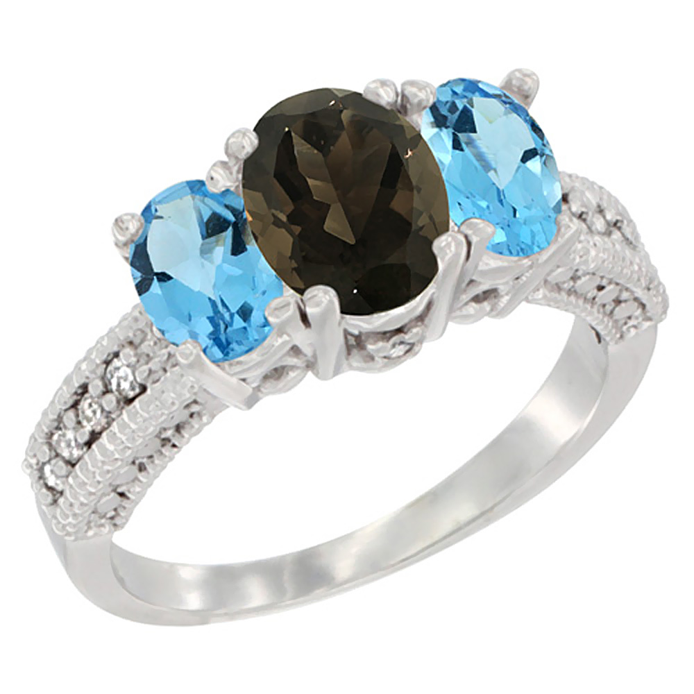 10K White Gold Diamond Natural Smoky Topaz Ring Oval 3-stone with Swiss Blue Topaz, sizes 5 - 10
