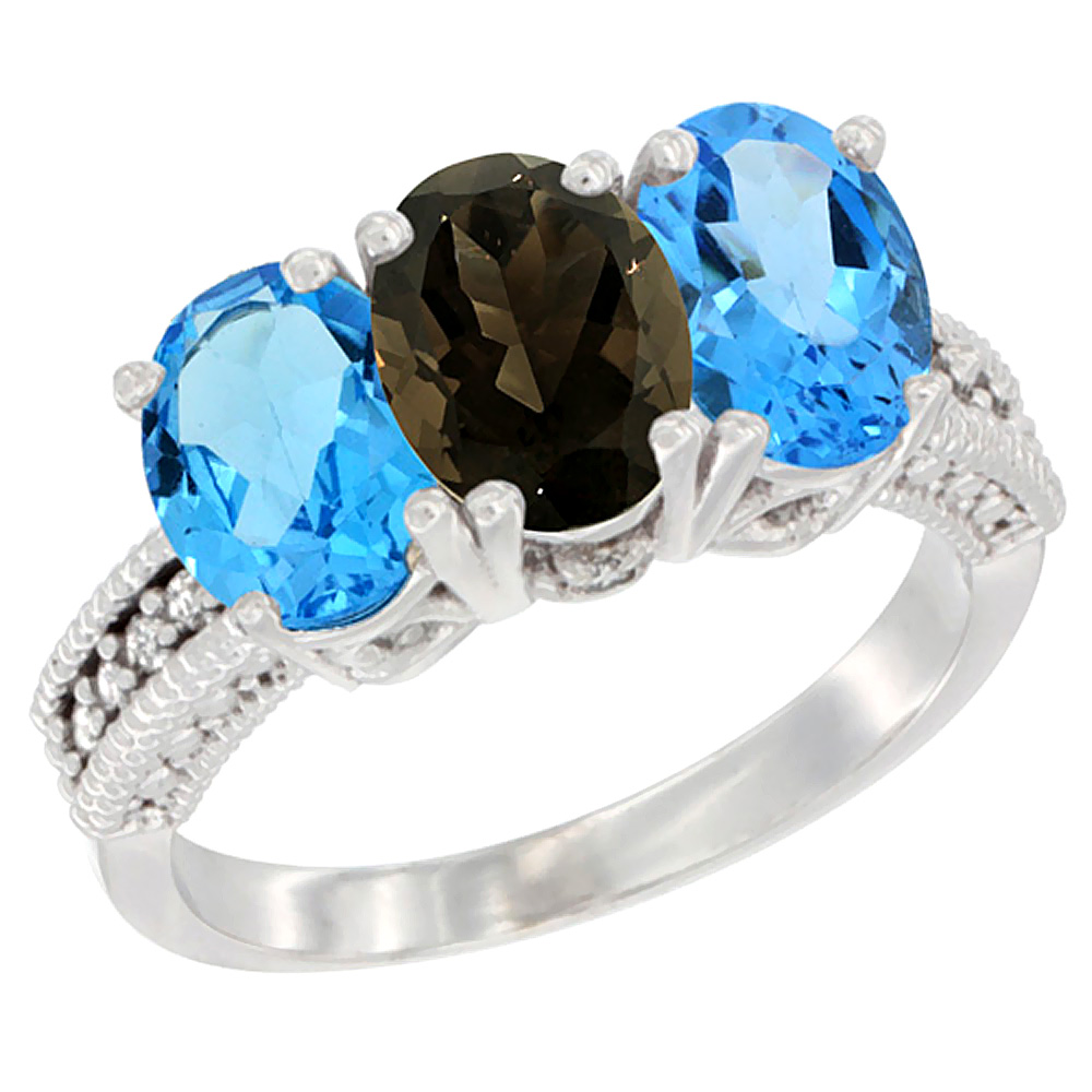 10K White Gold Natural Smoky Topaz & Swiss Blue Topaz Sides Ring 3-Stone Oval 7x5 mm Diamond Accent, sizes 5 - 10