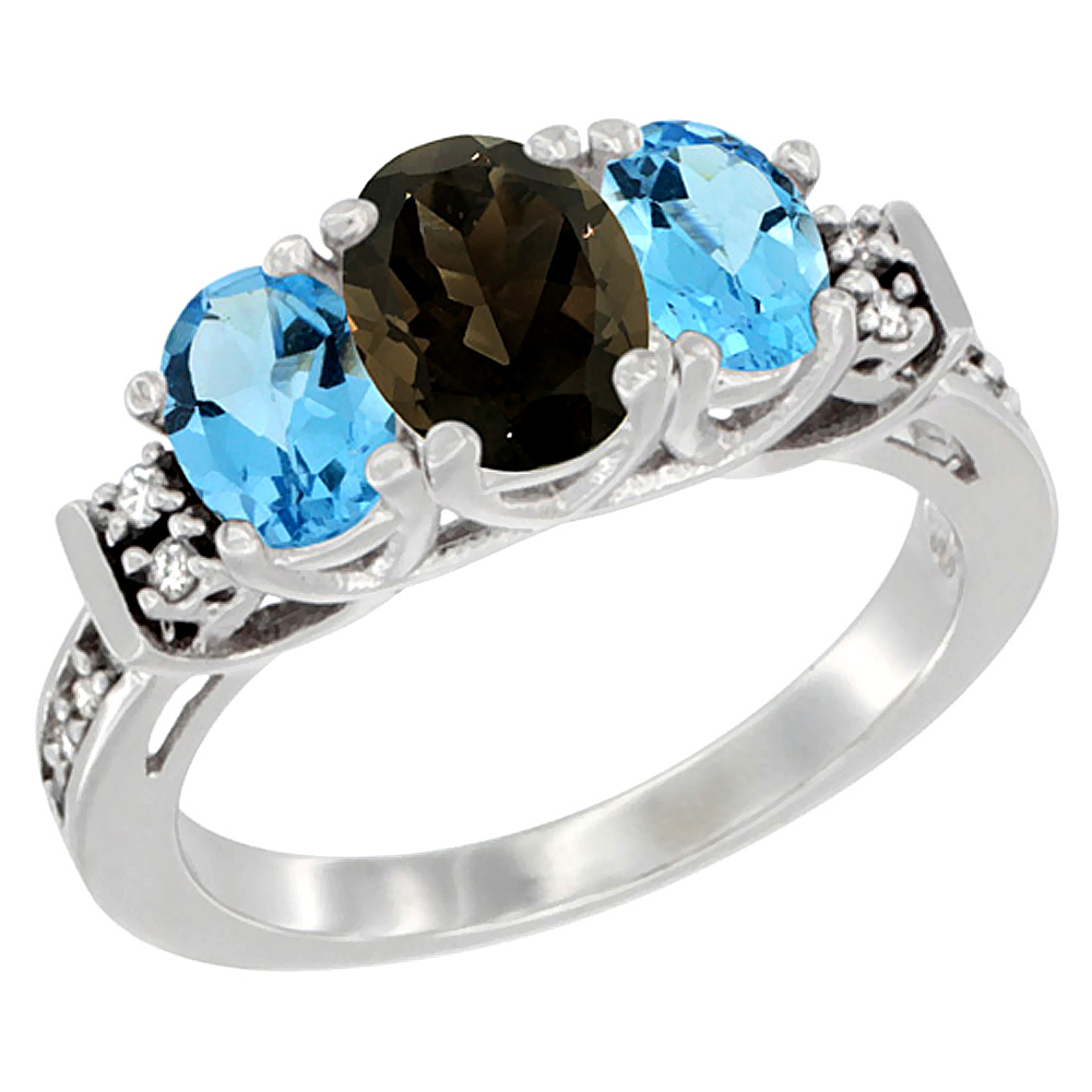 14K White Gold Natural Smoky Topaz & Swiss Blue Topaz Ring 3-Stone Oval Diamond Accent, sizes 5-10