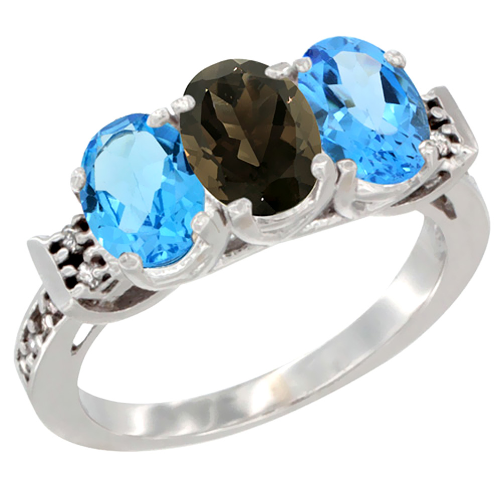 14K White Gold Natural Smoky Topaz &amp; Swiss Blue Topaz Sides Ring 3-Stone 7x5 mm Oval Diamond Accent, sizes 5 - 10