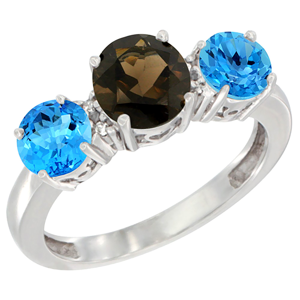 14K White Gold Round 3-Stone Natural Smoky Topaz Ring & Swiss Blue Topaz Sides Diamond Accent, sizes 5 - 10