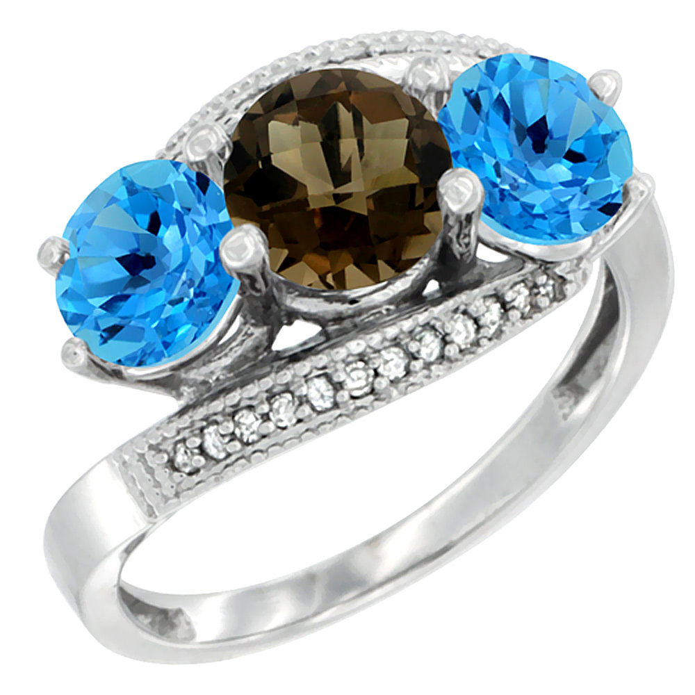 14K White Gold Natural Smoky Topaz &amp; Swiss Blue Topaz Sides 3 stone Ring Round 6mm Diamond Accent, sizes 5 - 10