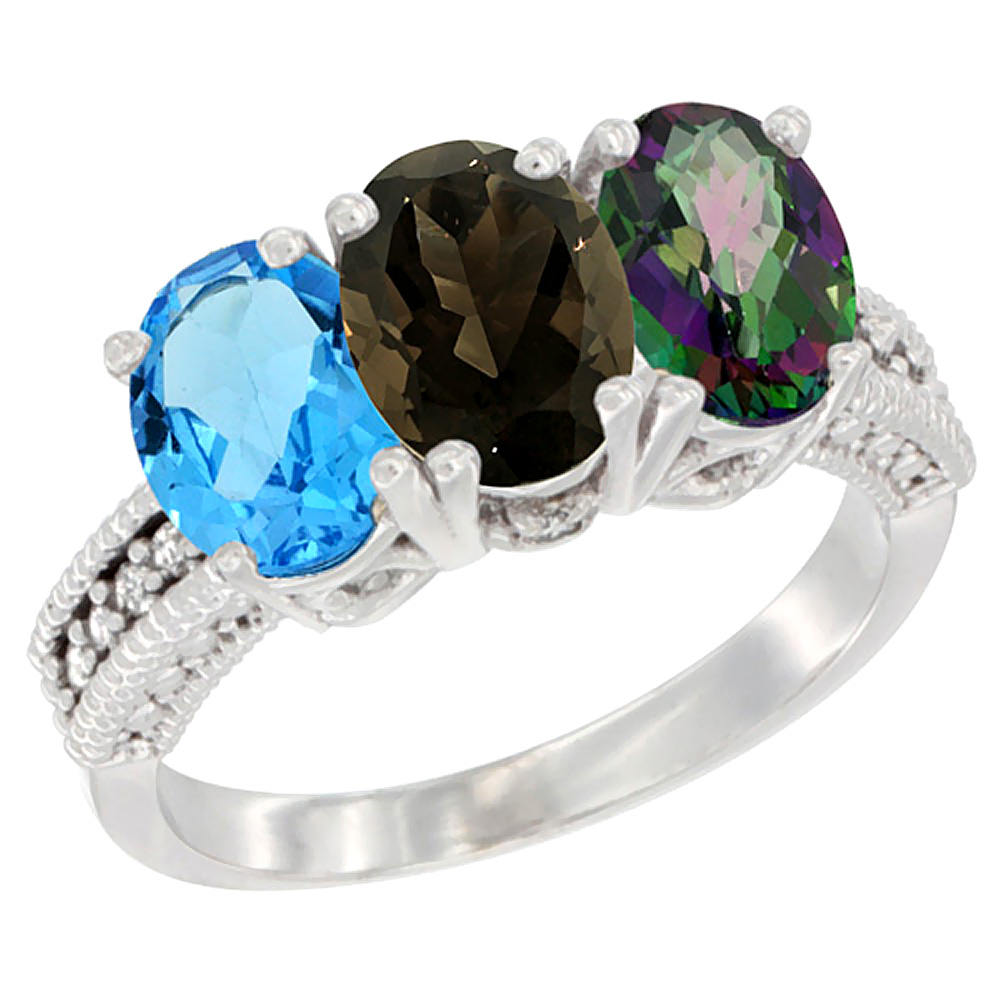 10K White Gold Natural Swiss Blue Topaz, Smoky Topaz & Mystic Topaz Ring 3-Stone Oval 7x5 mm Diamond Accent, sizes 5 - 10