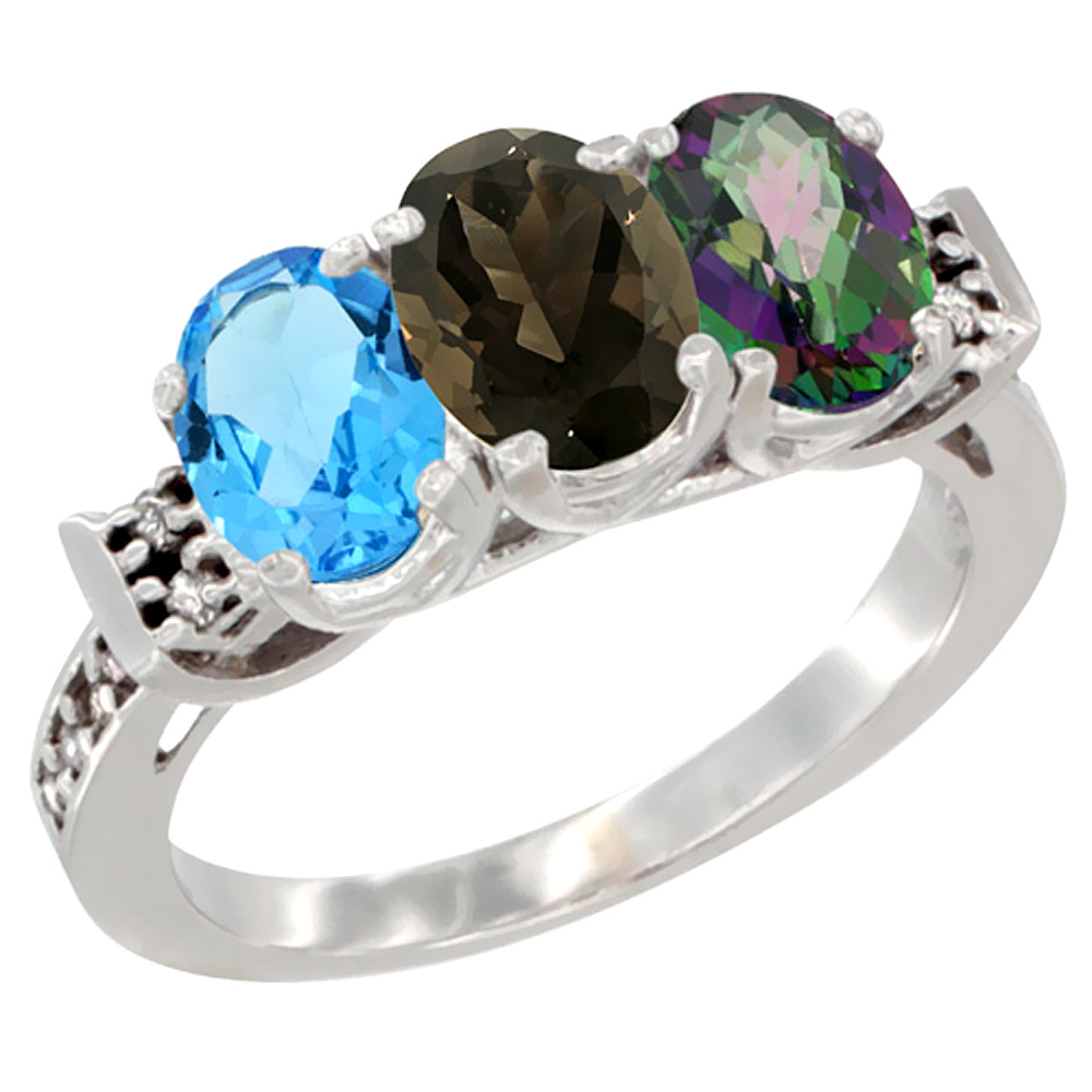 10K White Gold Natural Swiss Blue Topaz, Smoky Topaz &amp; Mystic Topaz Ring 3-Stone Oval 7x5 mm Diamond Accent, sizes 5 - 10