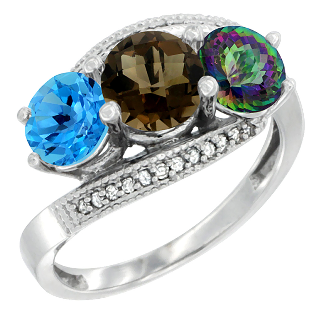 10K White Gold Natural Swiss Blue Topaz, Smoky & Mystic Topaz 3 stone Ring Round 6mm Diamond Accent, sizes 5 - 10