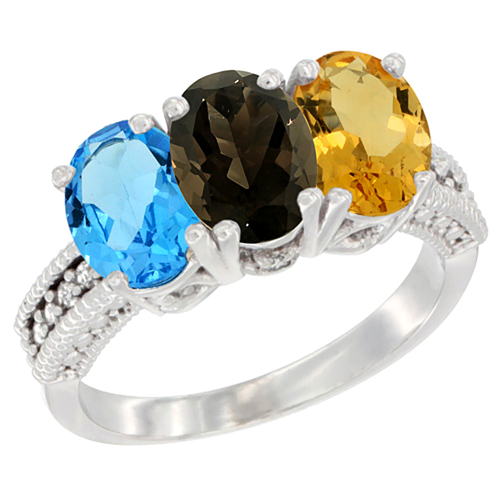 14K White Gold Natural Swiss Blue Topaz, Smoky Topaz & Citrine Ring 3-Stone 7x5 mm Oval Diamond Accent, sizes 5 - 10