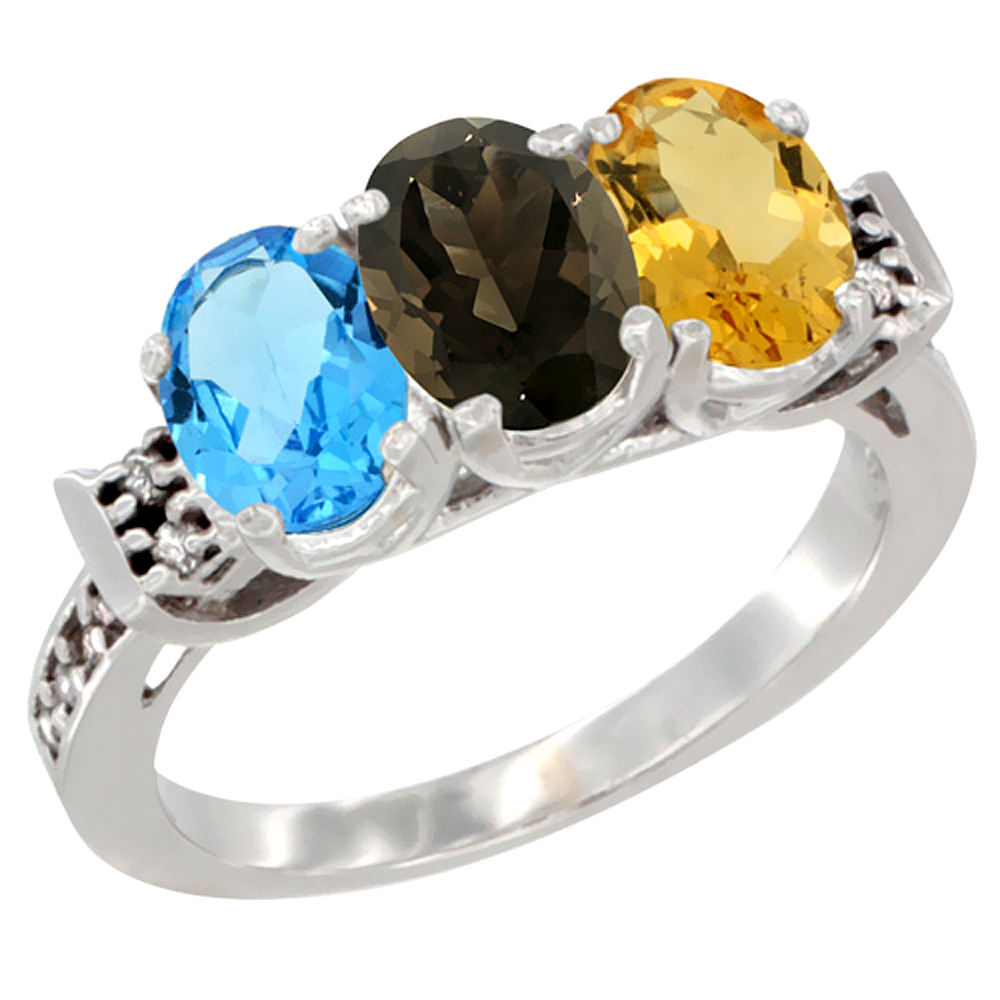 14K White Gold Natural Swiss Blue Topaz, Smoky Topaz & Citrine Ring 3-Stone 7x5 mm Oval Diamond Accent, sizes 5 - 10