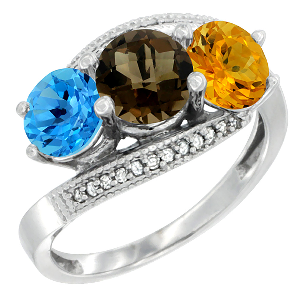 14K White Gold Natural Swiss Blue Topaz, Smoky Topaz & Citrine 3 stone Ring Round 6mm Diamond Accent, sizes 5 - 10