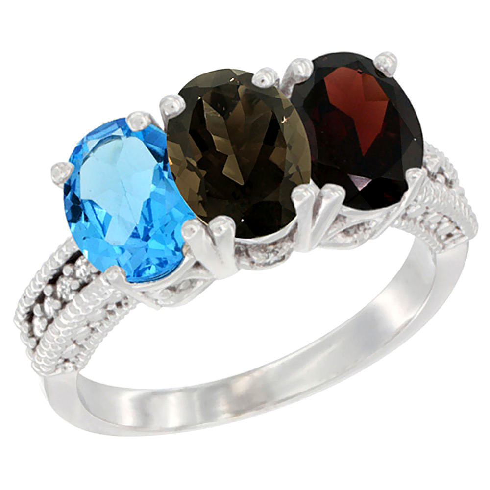 10K White Gold Natural Swiss Blue Topaz, Smoky Topaz & Garnet Ring 3-Stone Oval 7x5 mm Diamond Accent, sizes 5 - 10