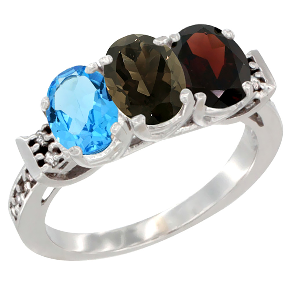 14K White Gold Natural Swiss Blue Topaz, Smoky Topaz & Garnet Ring 3-Stone 7x5 mm Oval Diamond Accent, sizes 5 - 10