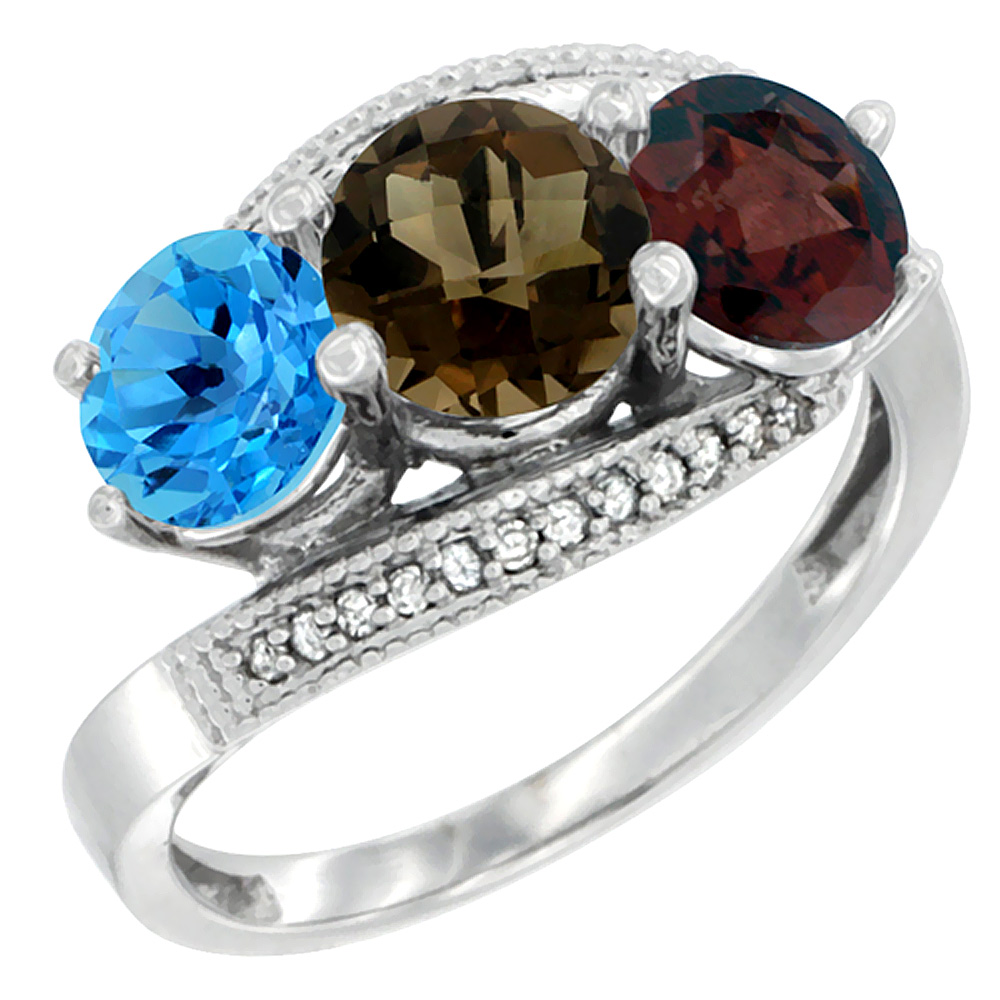 14K White Gold Natural Swiss Blue Topaz, Smoky Topaz & Garnet 3 stone Ring Round 6mm Diamond Accent, sizes 5 - 10