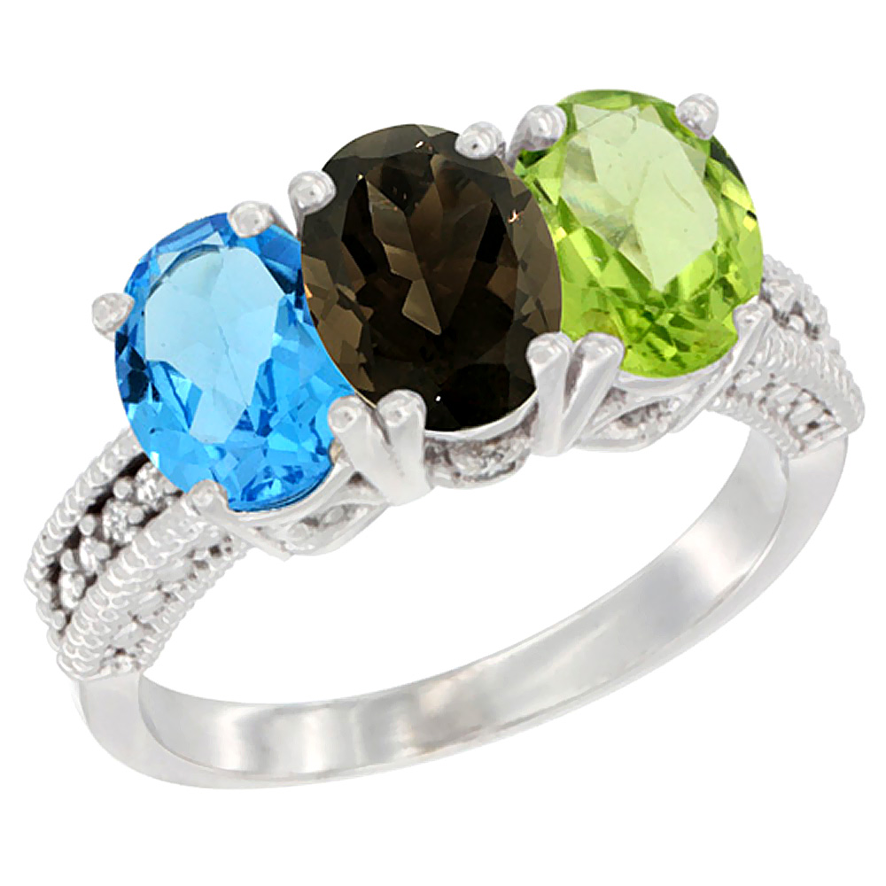 14K White Gold Natural Swiss Blue Topaz, Smoky Topaz & Peridot Ring 3-Stone 7x5 mm Oval Diamond Accent, sizes 5 - 10