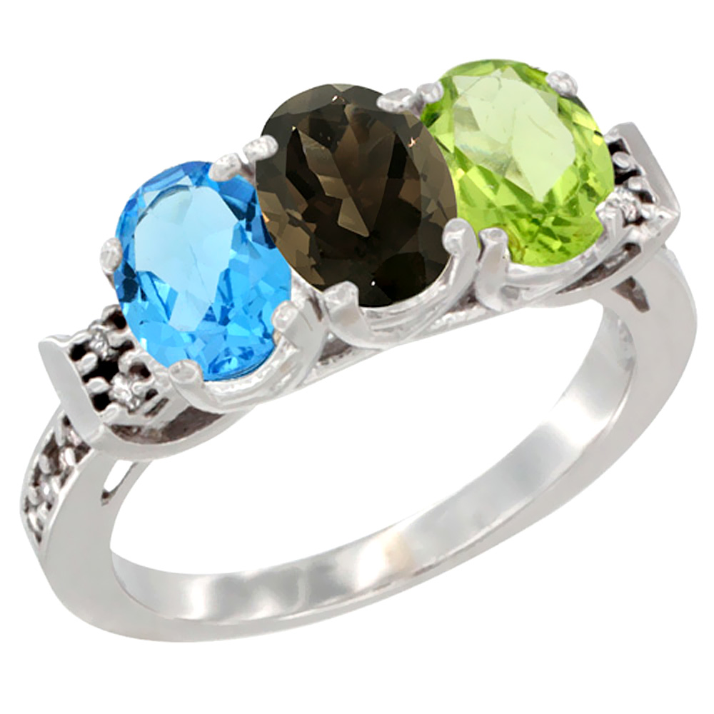 10K White Gold Natural Swiss Blue Topaz, Smoky Topaz & Peridot Ring 3-Stone Oval 7x5 mm Diamond Accent, sizes 5 - 10