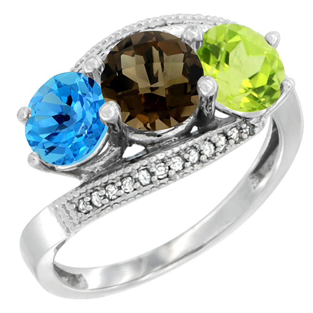 10K White Gold Natural Swiss Blue Topaz, Smoky Topaz & Peridot 3 stone Ring Round 6mm Diamond Accent, sizes 5 - 10