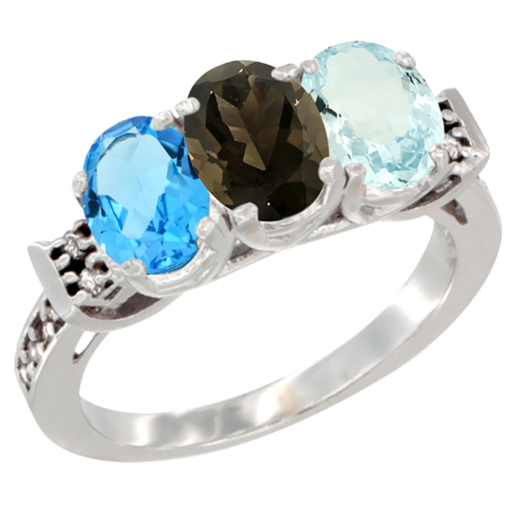 10K White Gold Natural Swiss Blue Topaz, Smoky Topaz & Aquamarine Ring 3-Stone Oval 7x5 mm Diamond Accent, sizes 5 - 10